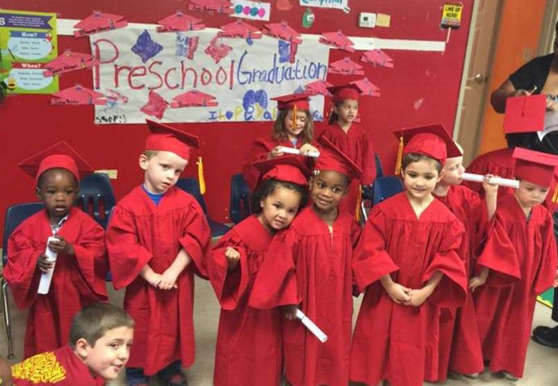 Children in red graduation caps and gowns in front of a "Preschool Graduation" banner