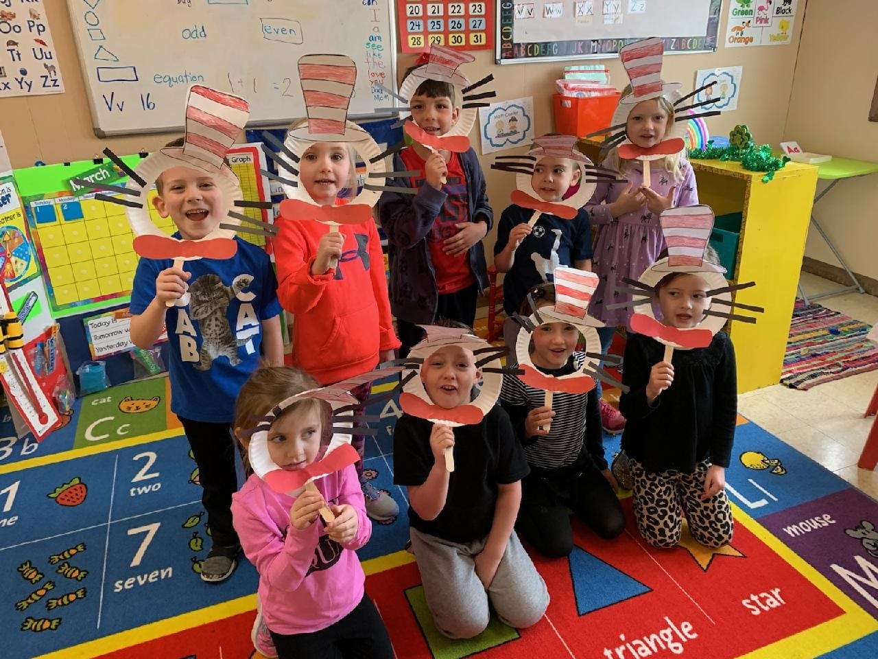 Group of children wearing Cat in the Hat costumes
