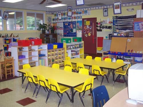 Classroom with yellow tables and chairs