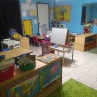 Empty classroom with small tables and chairs
