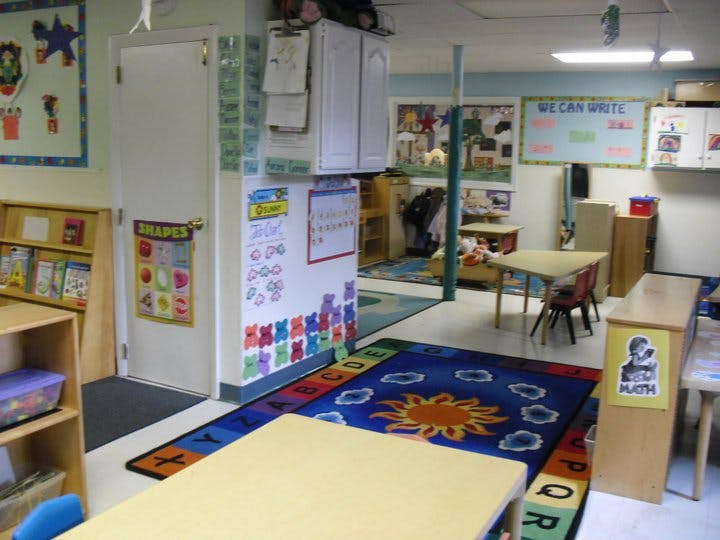 Classroom with colorful rug, small tables, and educational posters