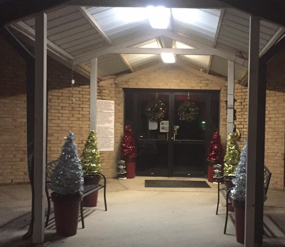 Building entrance with holiday decorations
