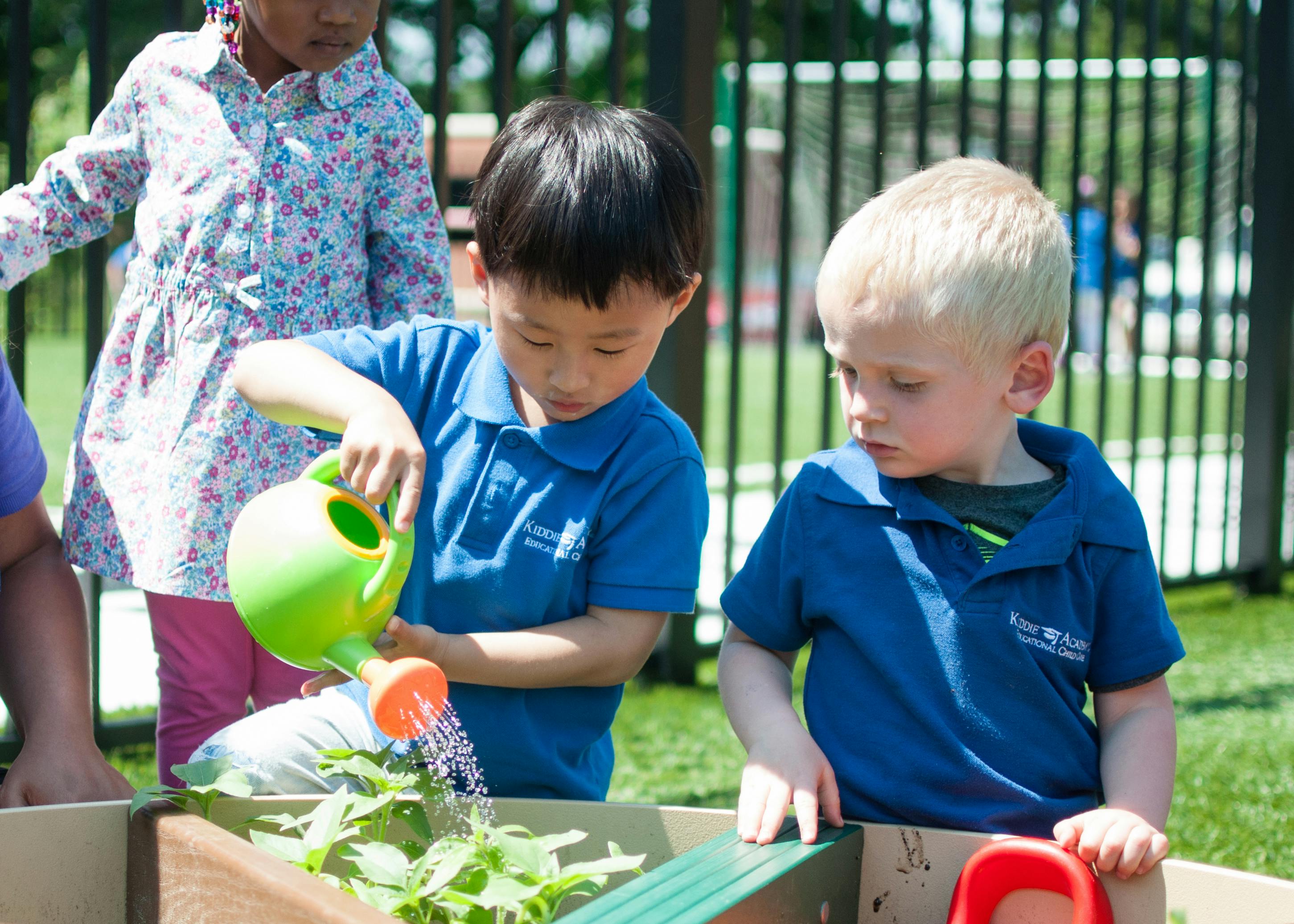 Child watering plants in a garden bed with another child watching