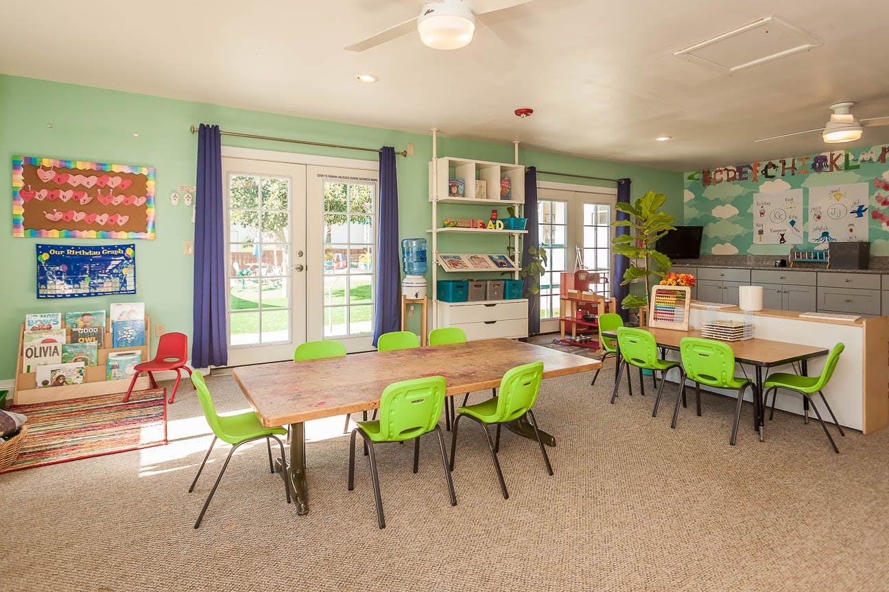 Classroom with tables and green chairs