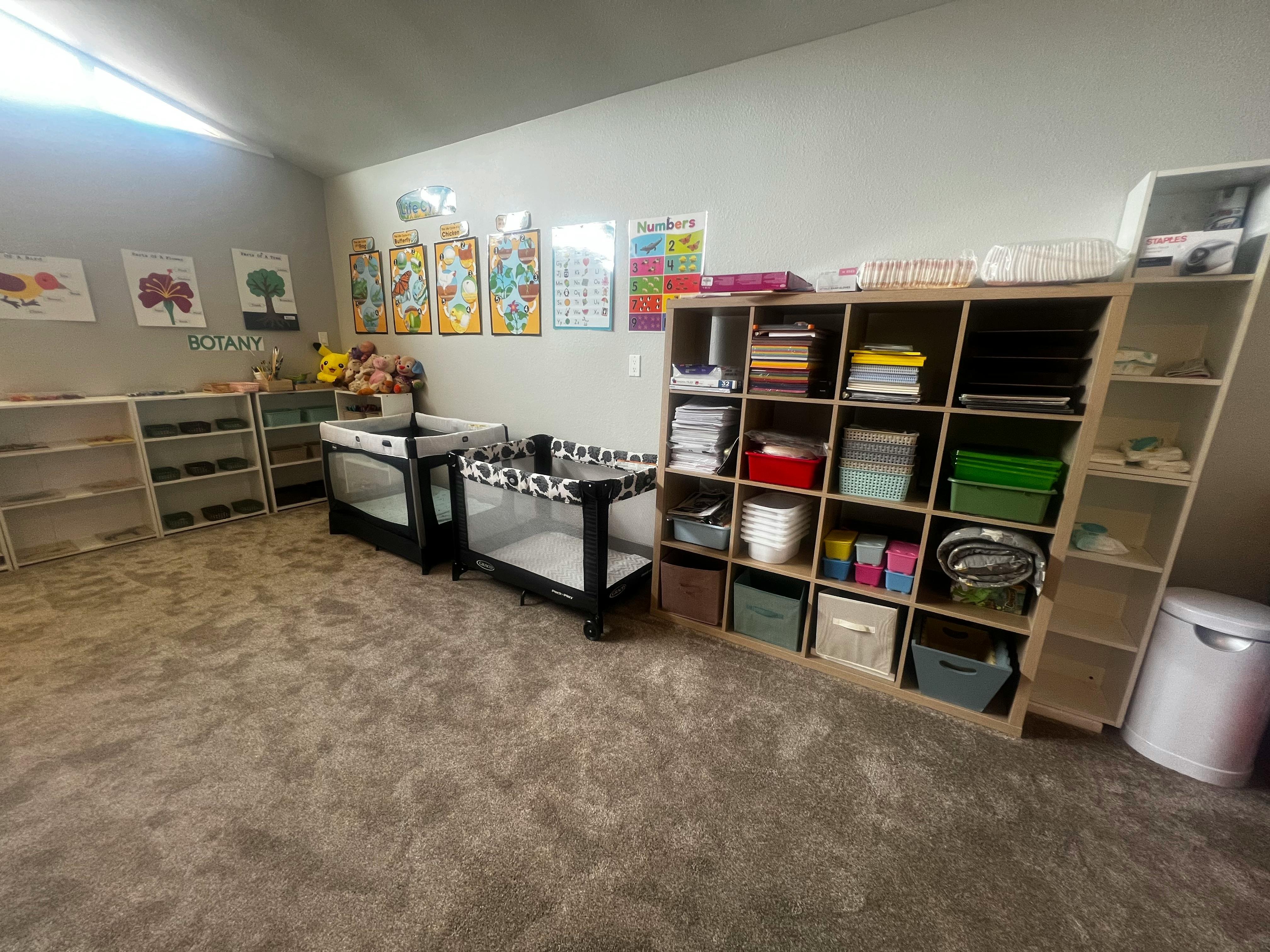 Two cribs in a room with shelves and educational posters