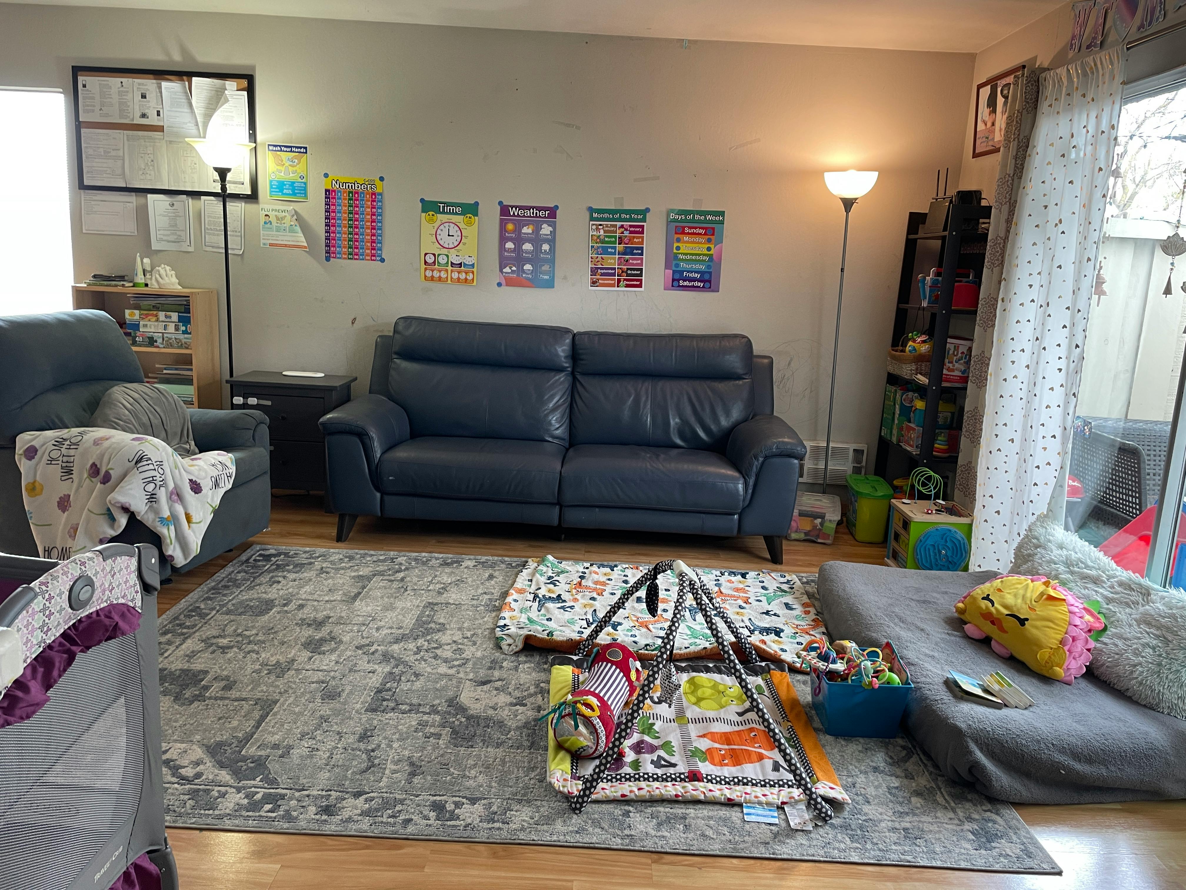 Living room with a sofa, armchair, rug, and baby play mat