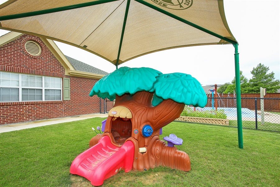 Playground with a tree-shaped play structure and red slide under a shade canopy