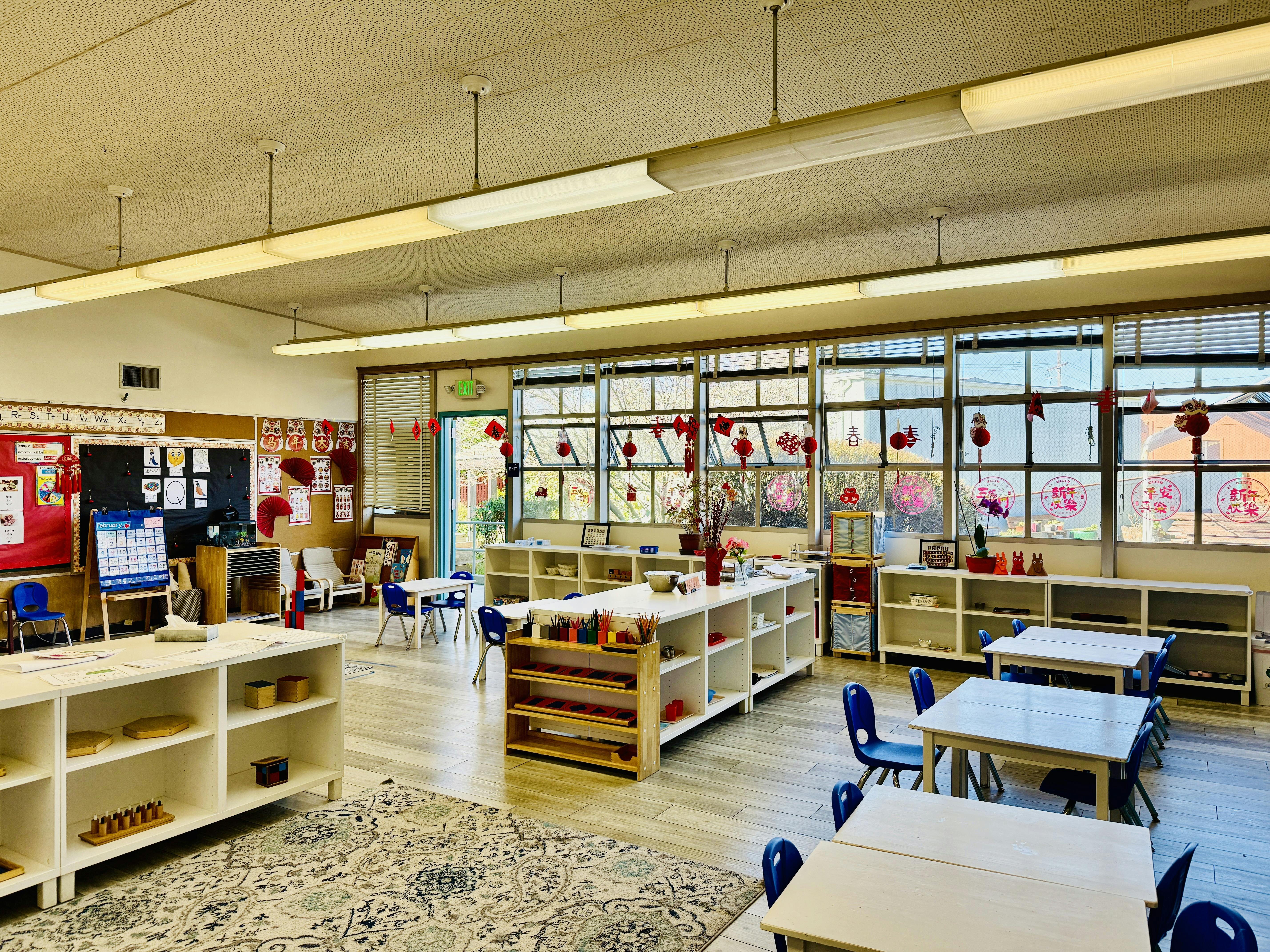 Classroom decorated with traditional red paper ornaments for the Lunar New Year