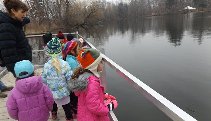 Adult and children on a dock looking out at water