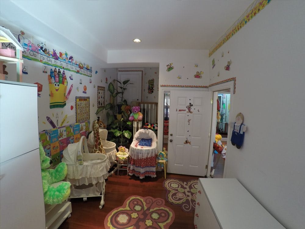 Nursery room with a bassinet, crib, and decorated walls