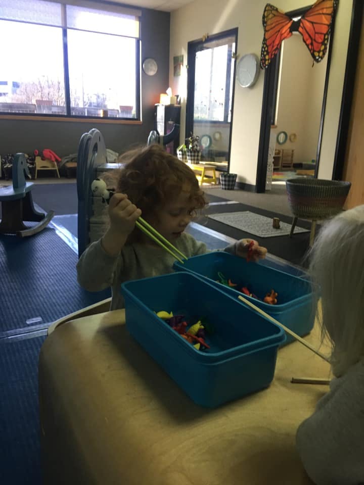 Child using tongs to pick up small objects from a bin