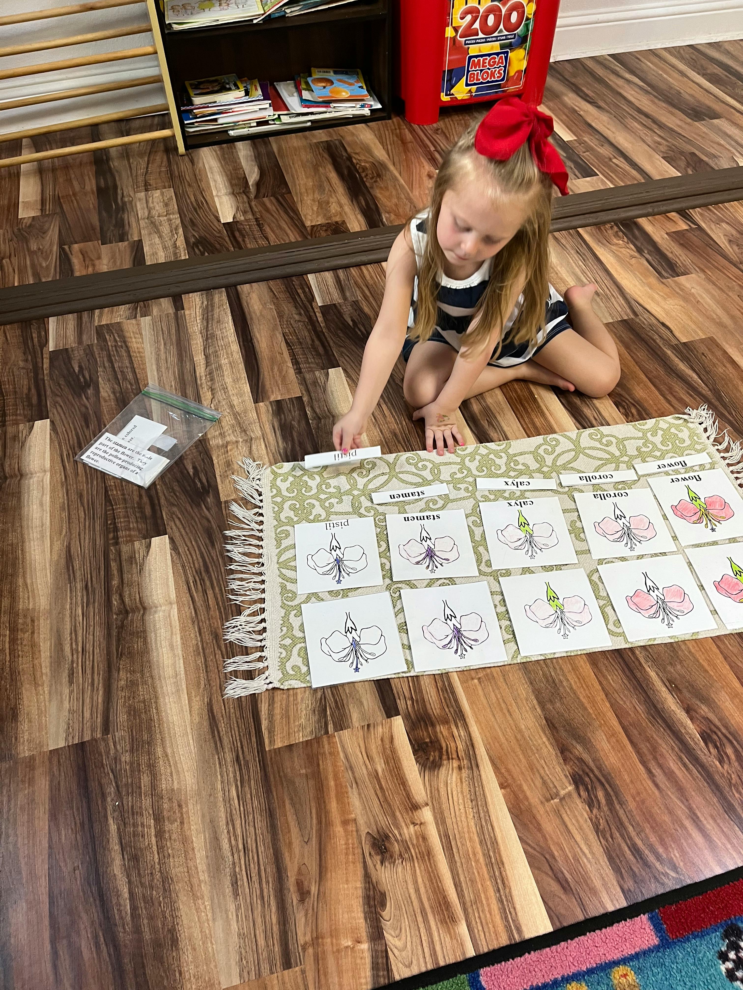 Child on floor arranging cards with drawings of flowers on a mat