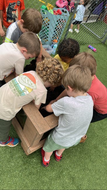 Group of children gathered around a wooden structure
