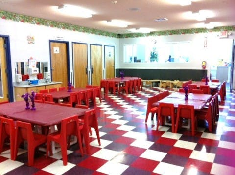 Classroom with red tables and chairs on a red and white checkered floor
