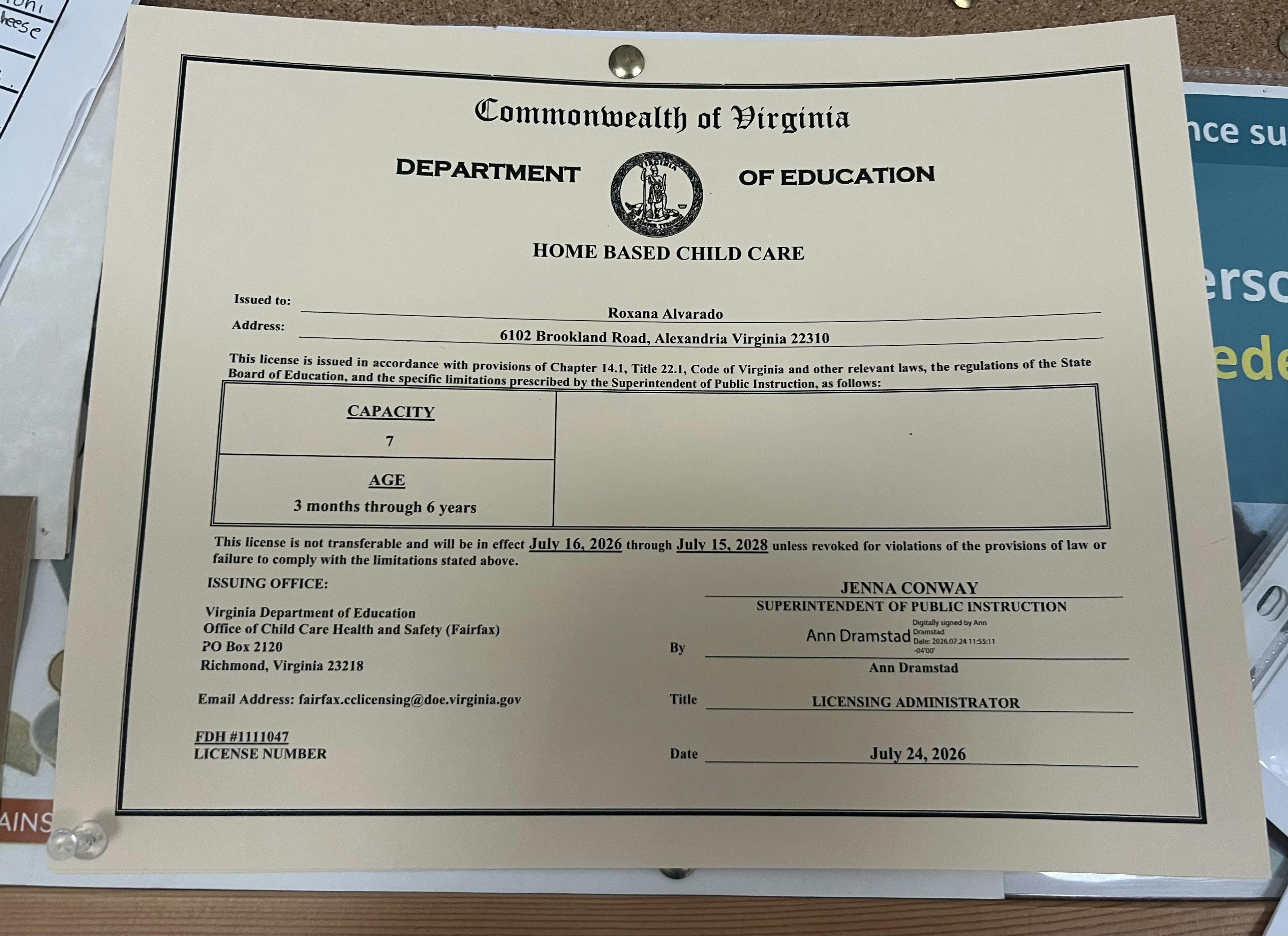 Virginia Department of Education home based child care license