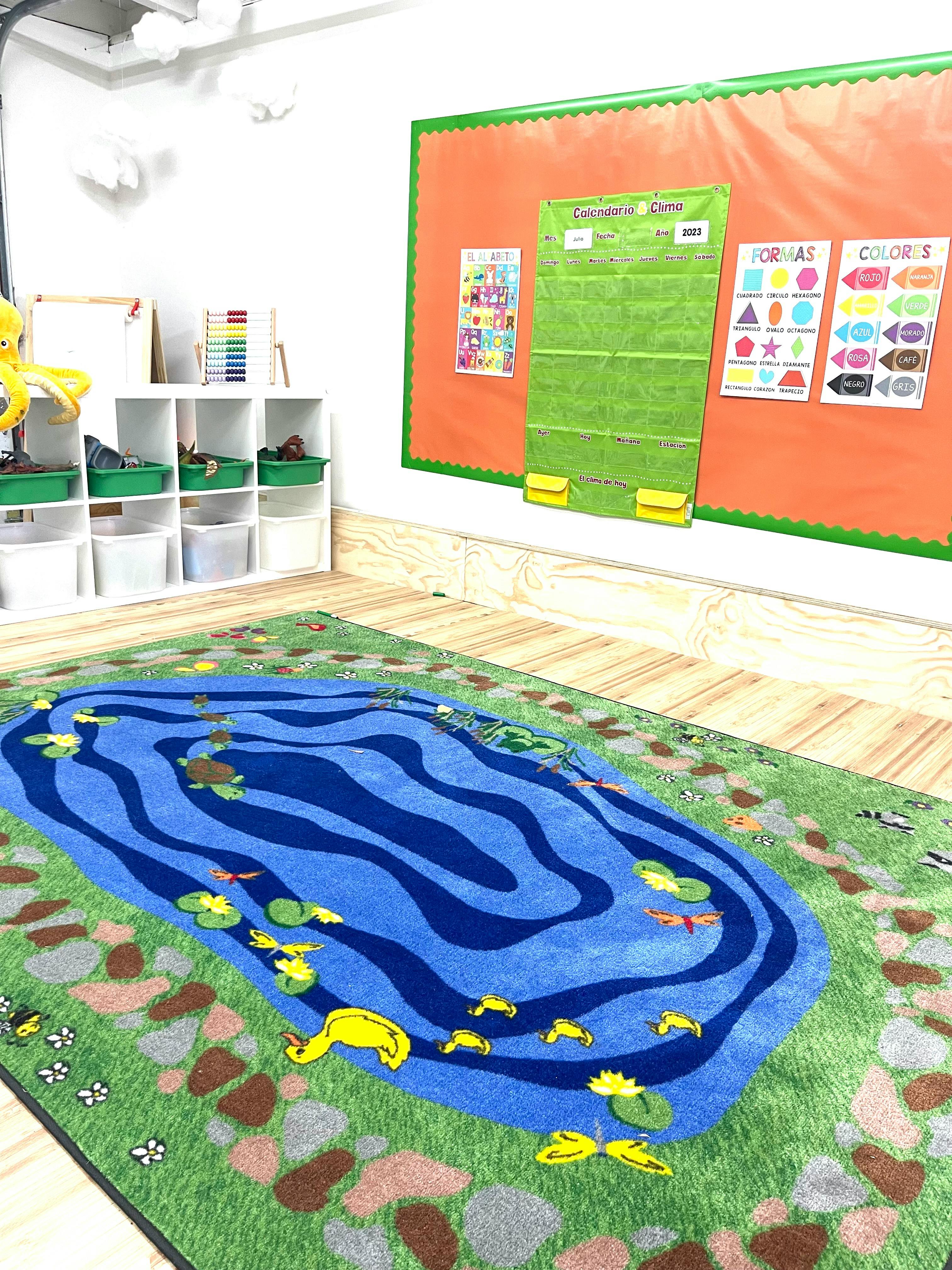 Classroom with a pond-themed rug and educational posters on the wall