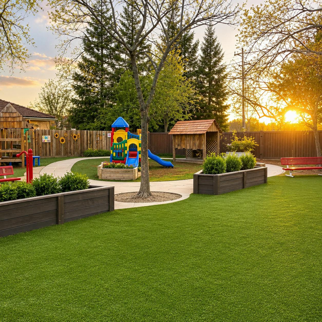 Playground with climbing structures, a slide, and a wooden hut at sunset