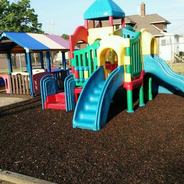 Playground with slides and climbing structures