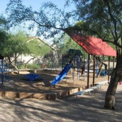 Playground with slides and climbing structures