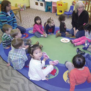 Two adults and multiple children sitting on a rug in a classroom