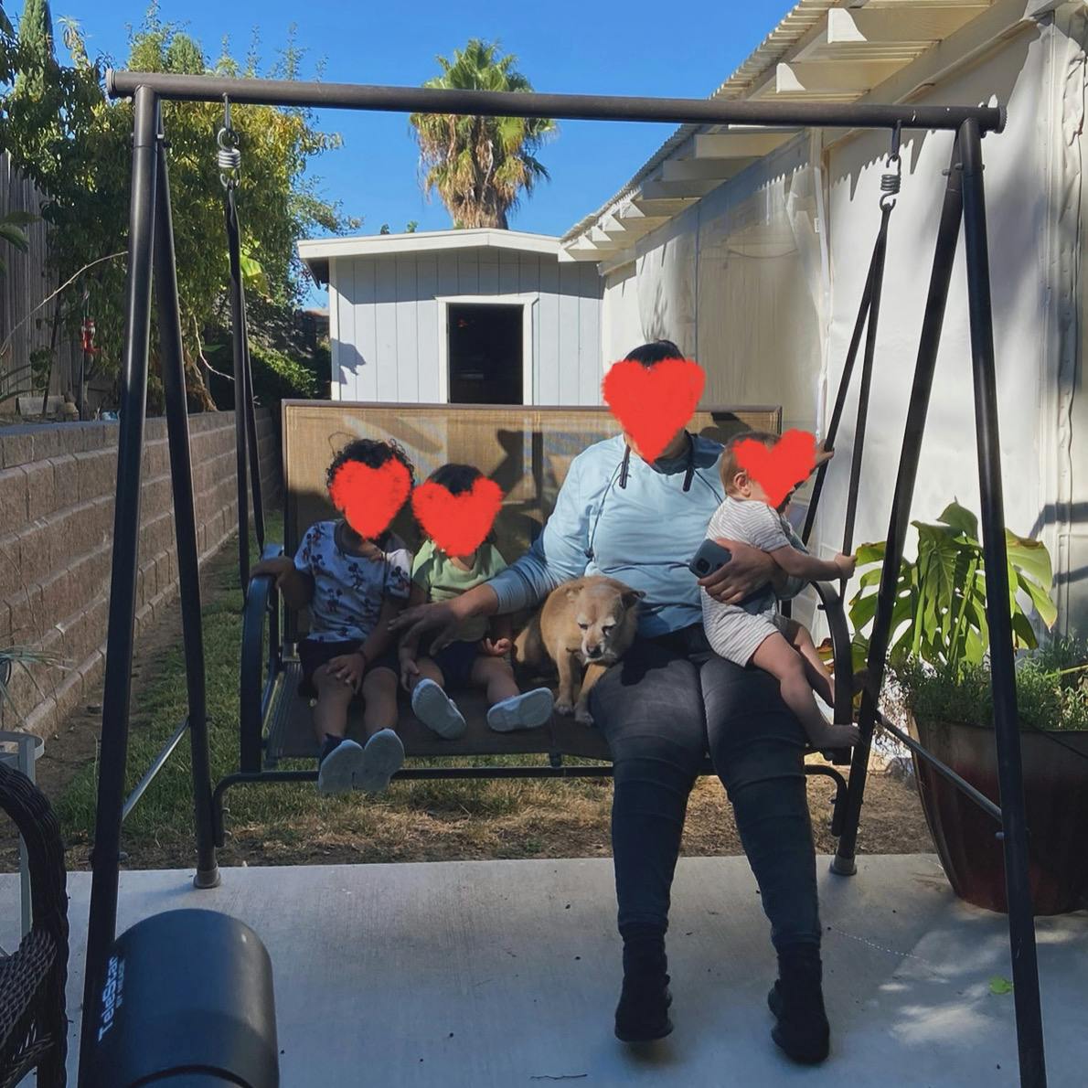 Person holding a child and a dog, with two children on a swing