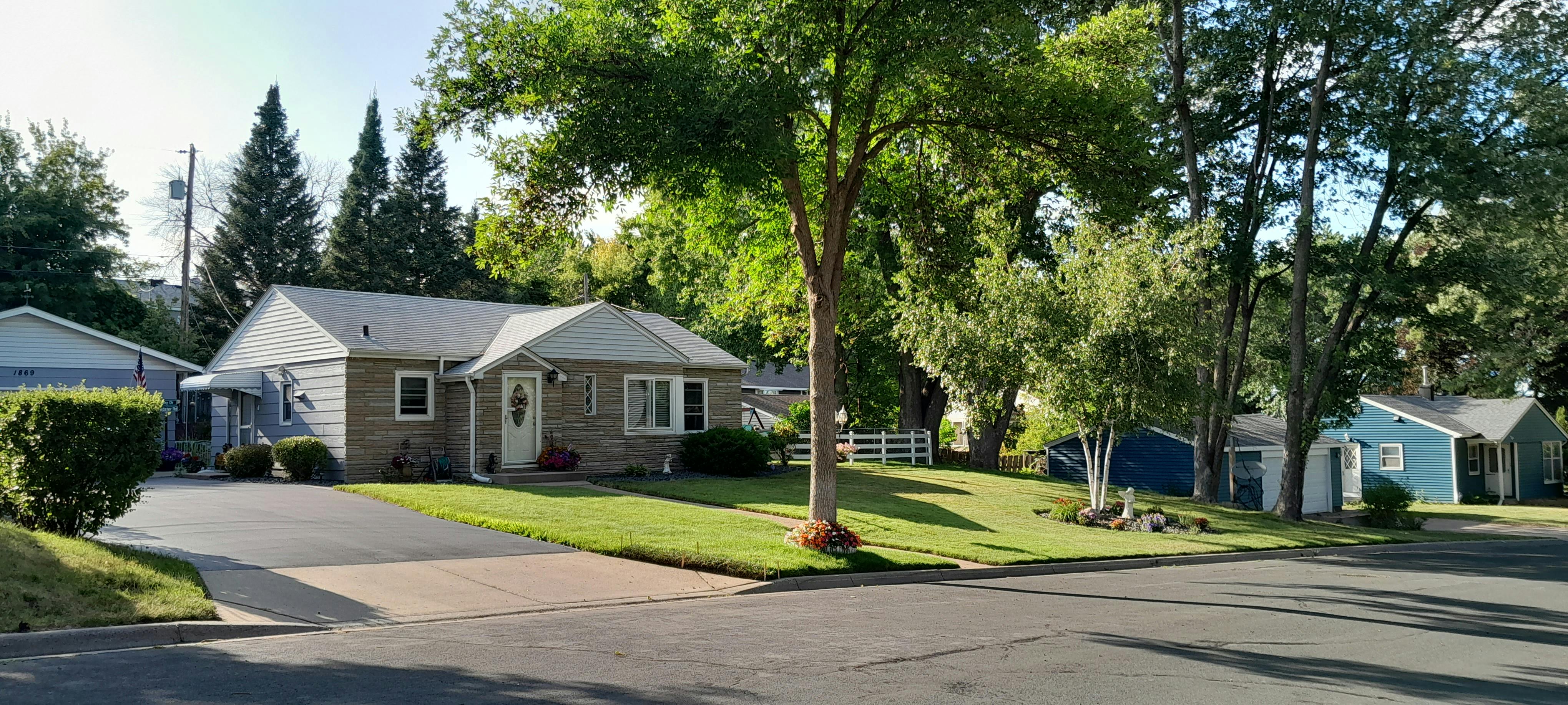 Houses along a street with green lawns and trees