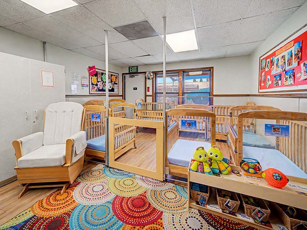Cribs in a daycare room with a colorful circular pattern rug