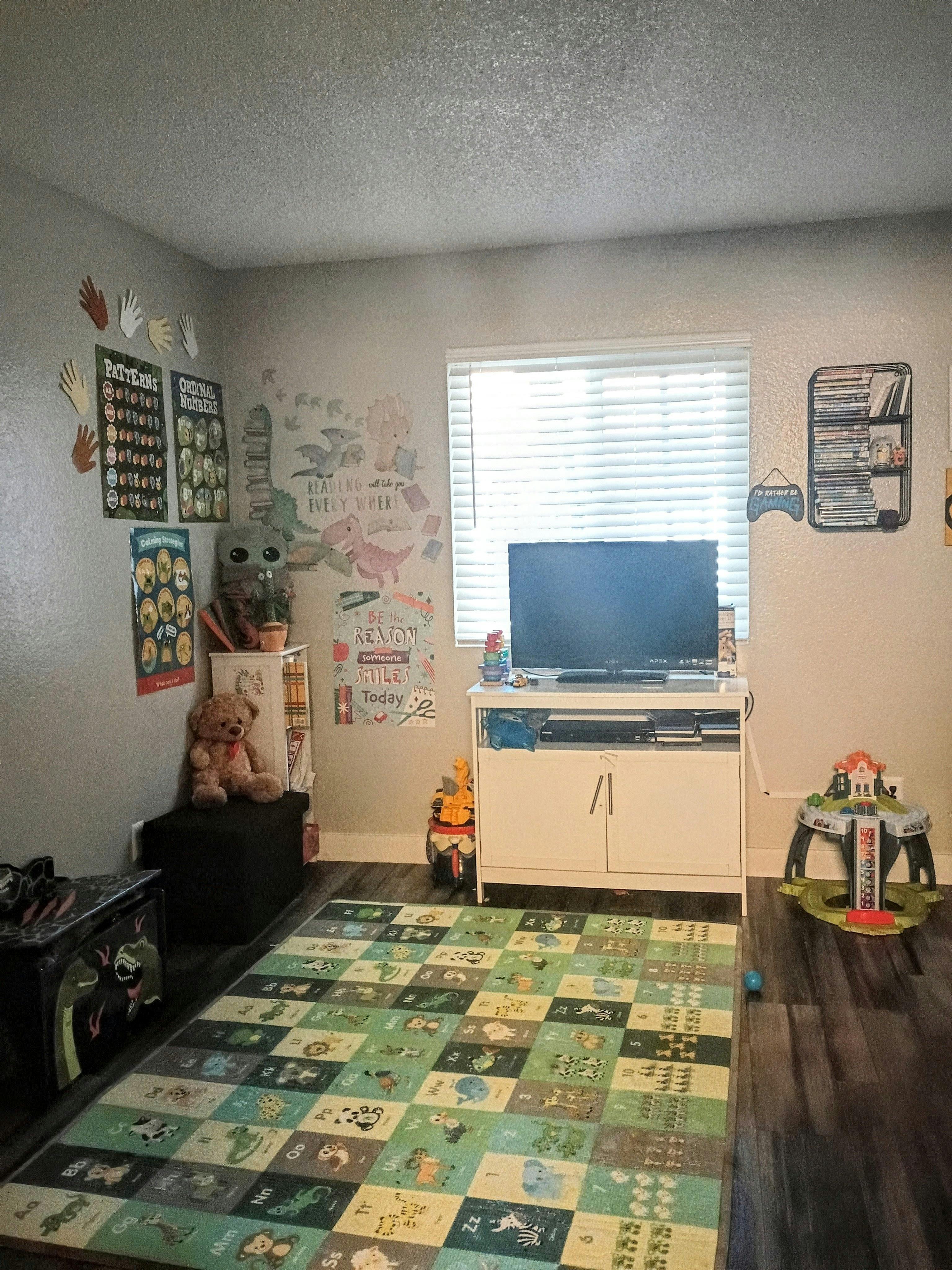 Playroom with an alphabet rug and educational wall posters