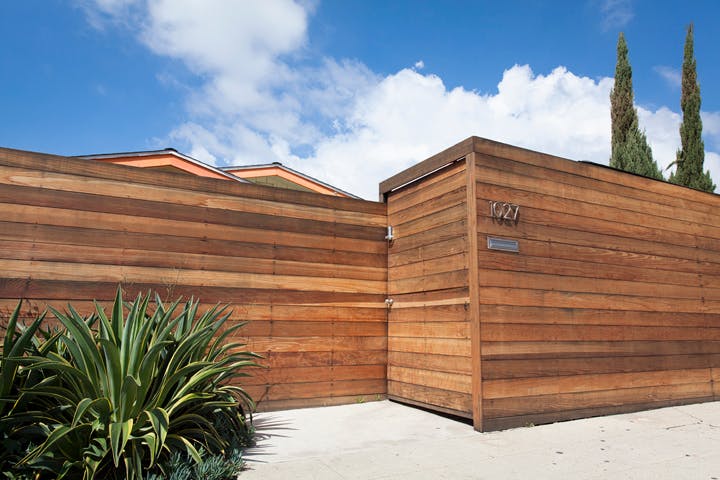 Modern building exterior with wood siding and green plants