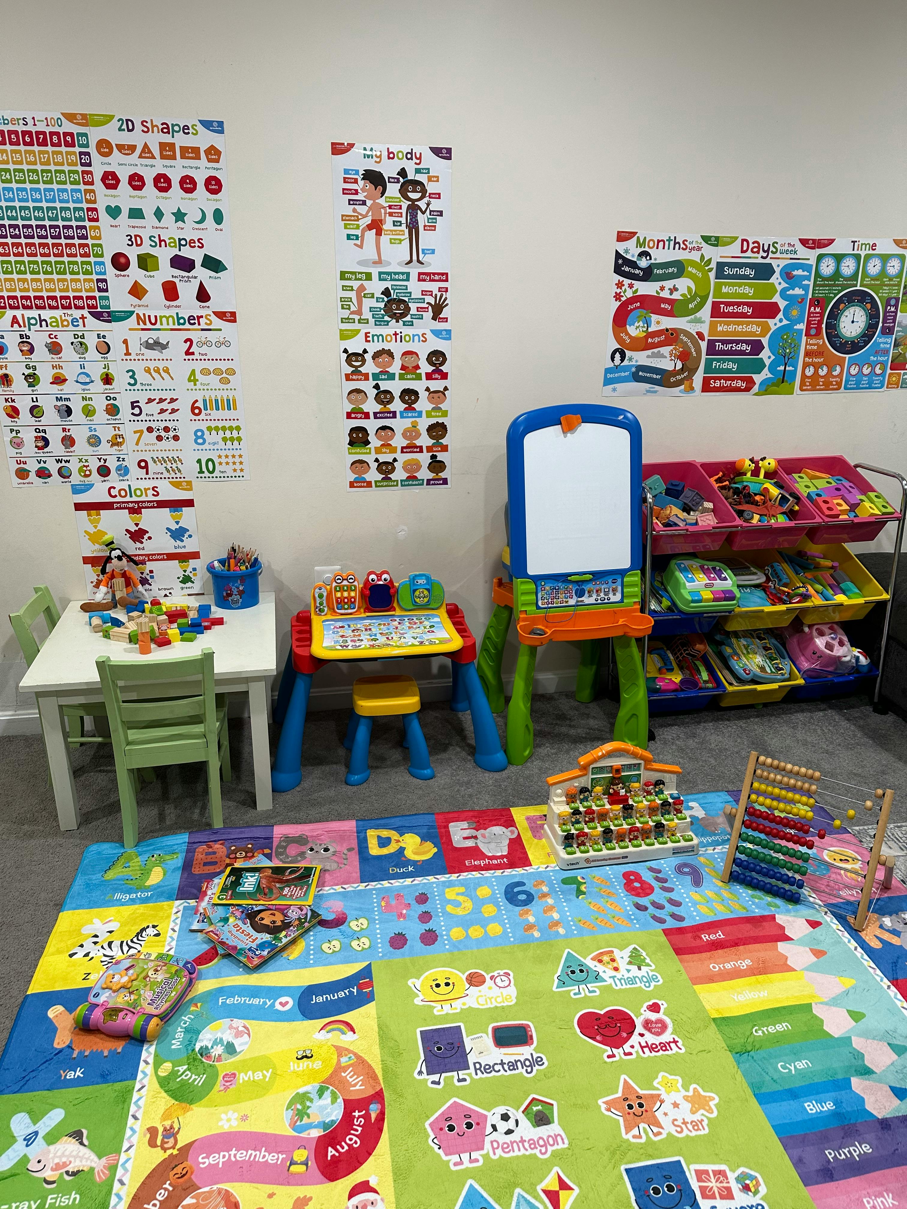 Playroom with colorful educational posters, small tables, and toys