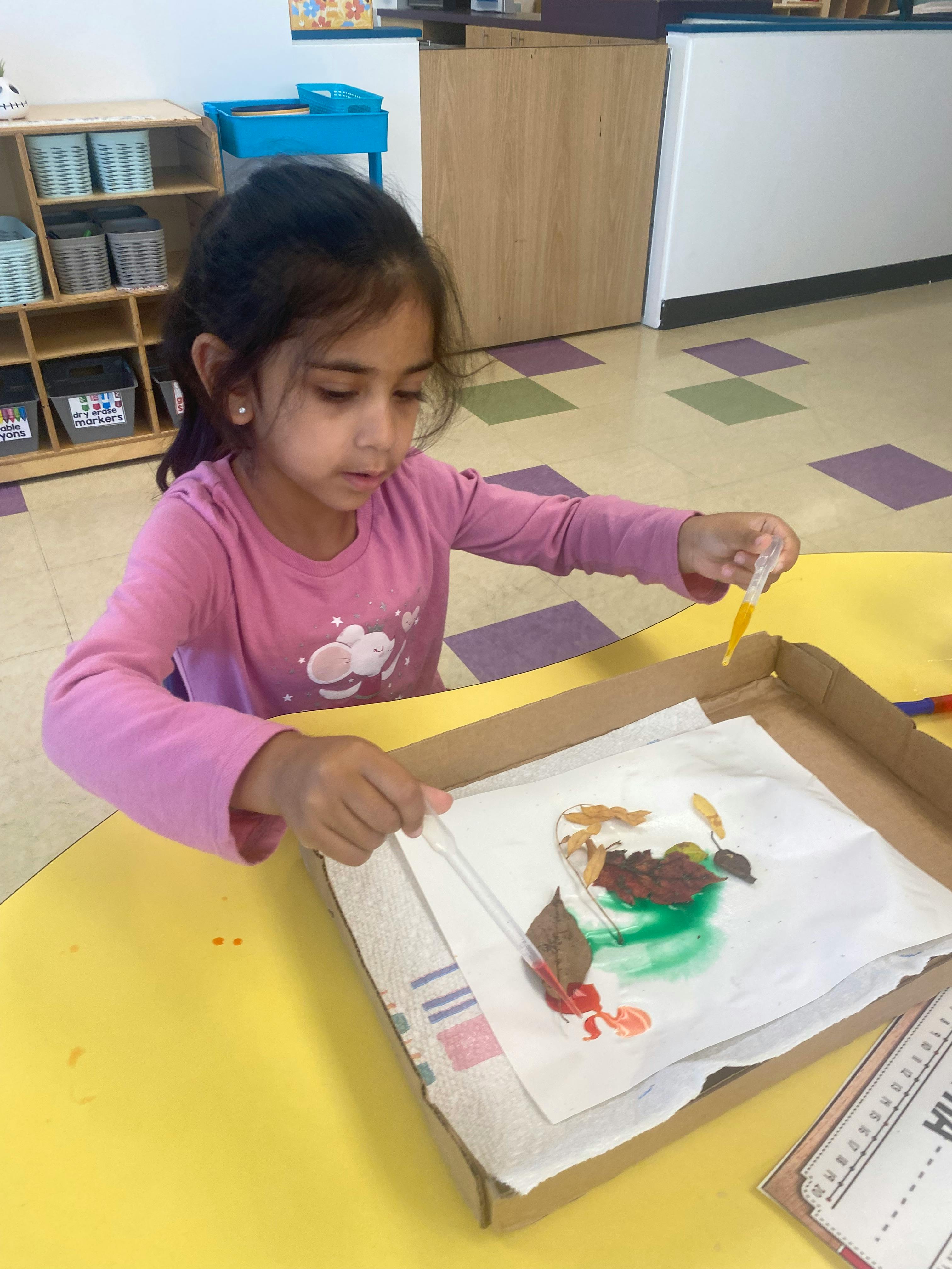 Child using a dropper to add liquid to a paper towel in a box
