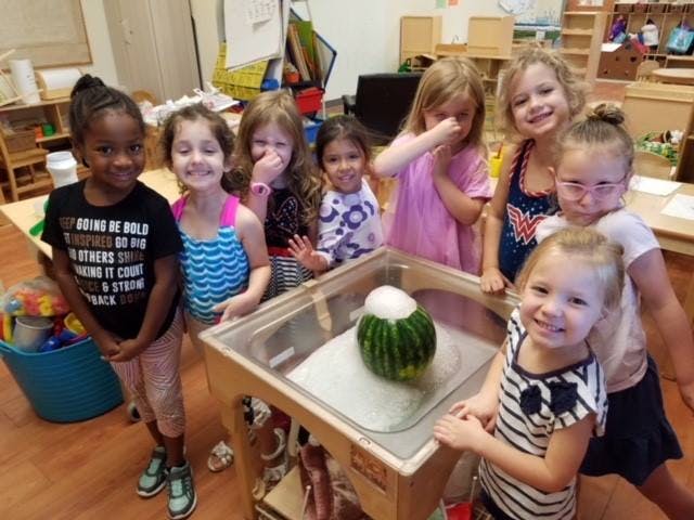 Group of children around a table with a watermelon science experiment