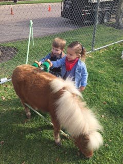 Two children petting a pony