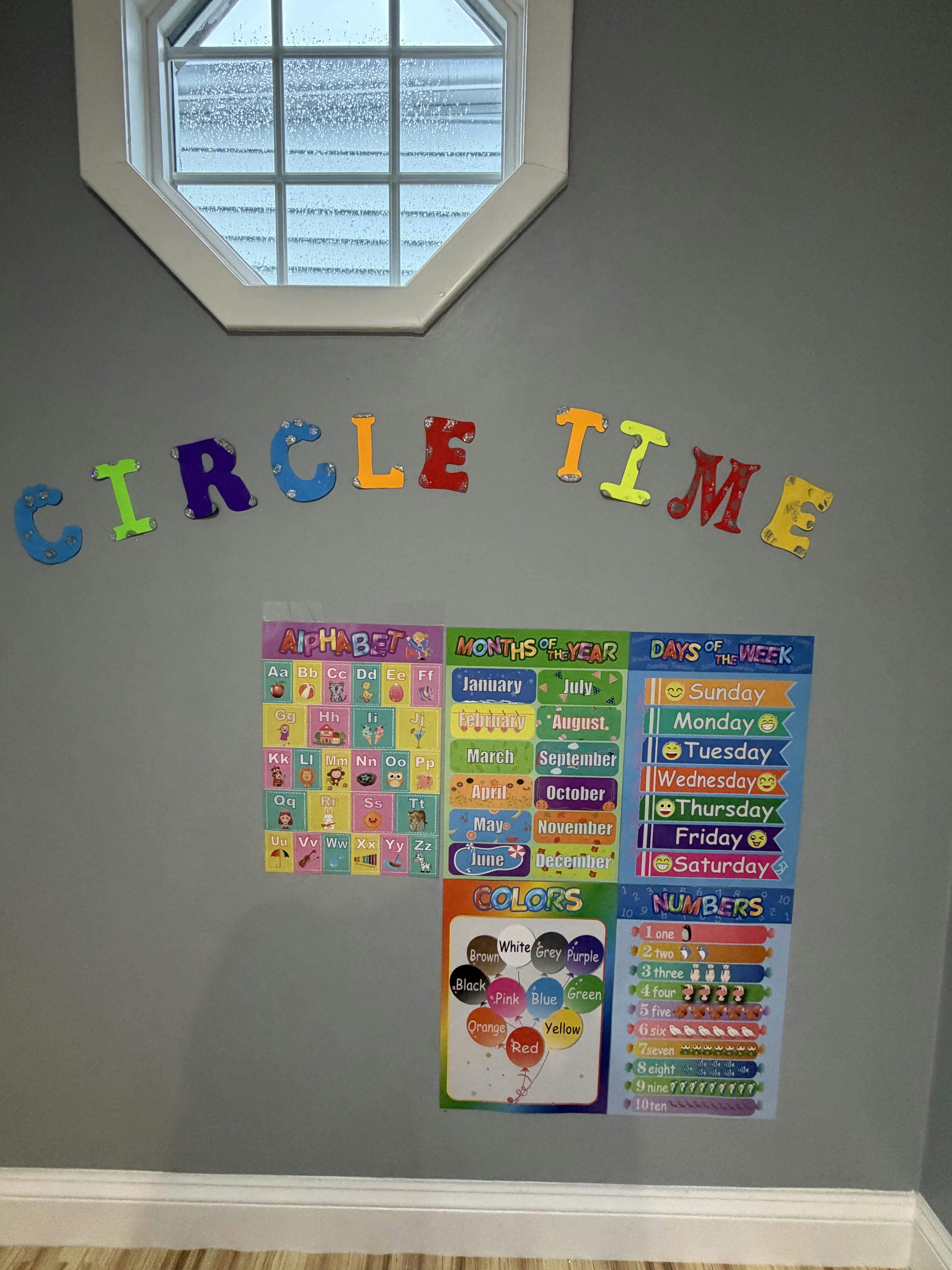 Decorative letters spelling "CIRCLE TIME" above educational posters for children