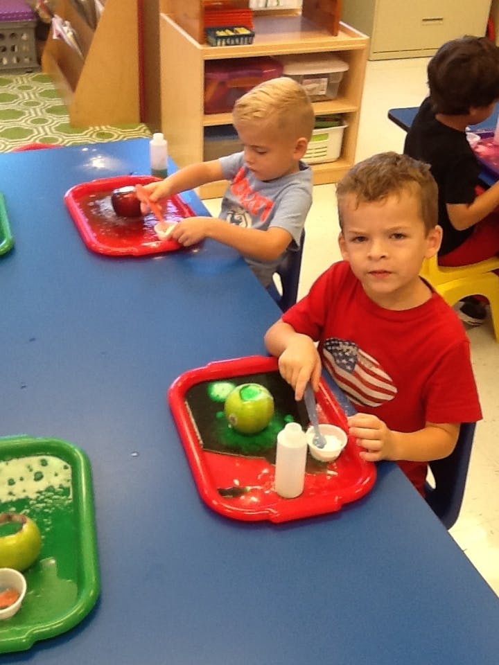 Children at a table doing an activity with apples and liquid in trays