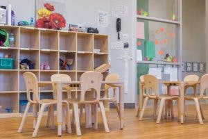 Empty classroom with small tables and chairs