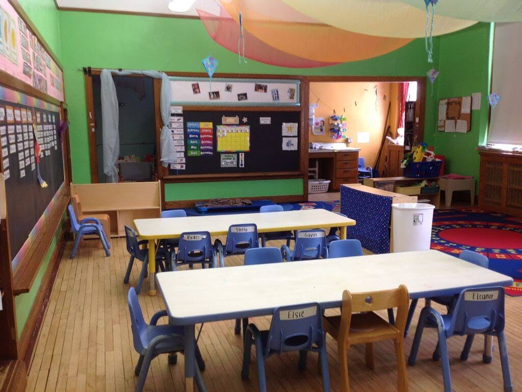 Empty classroom with small tables and chairs
