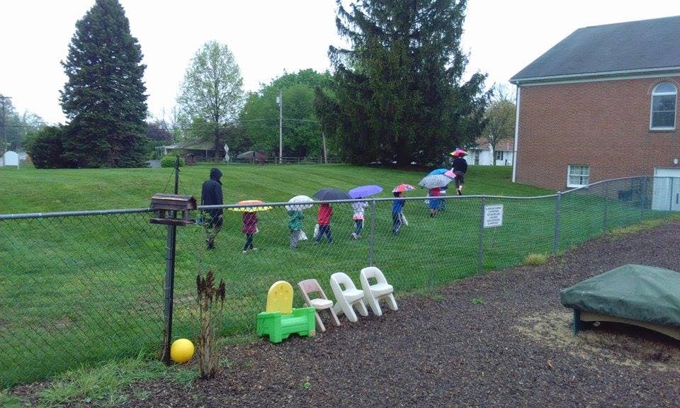 Children holding umbrellas walking in a grassy area