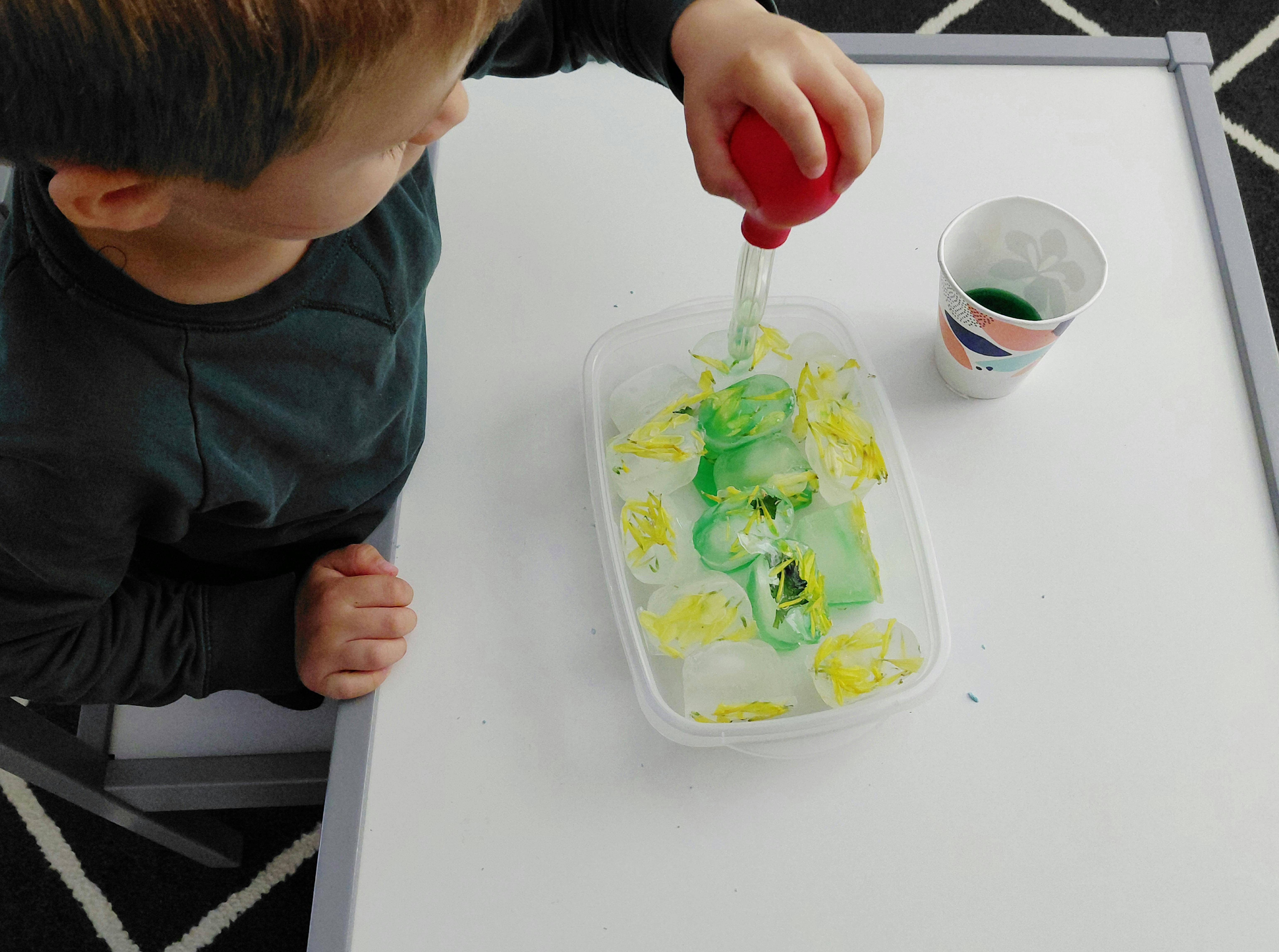 Child using a dropper to add liquid to ice cubes with flowers on a table