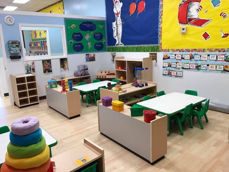Empty classroom with small tables, chairs, and learning materials