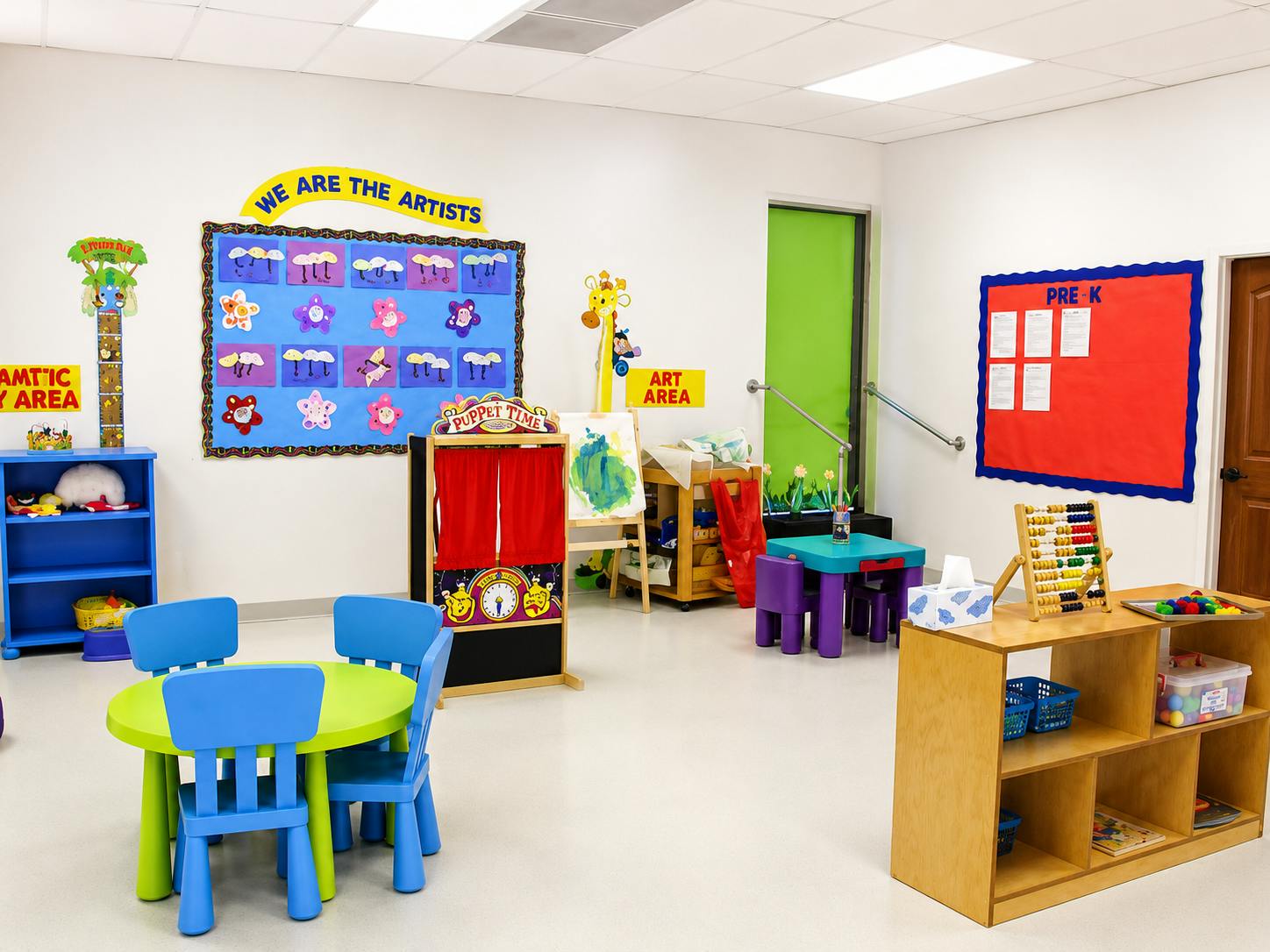 Classroom interior featuring child-sized tables, chairs, and learning stations
