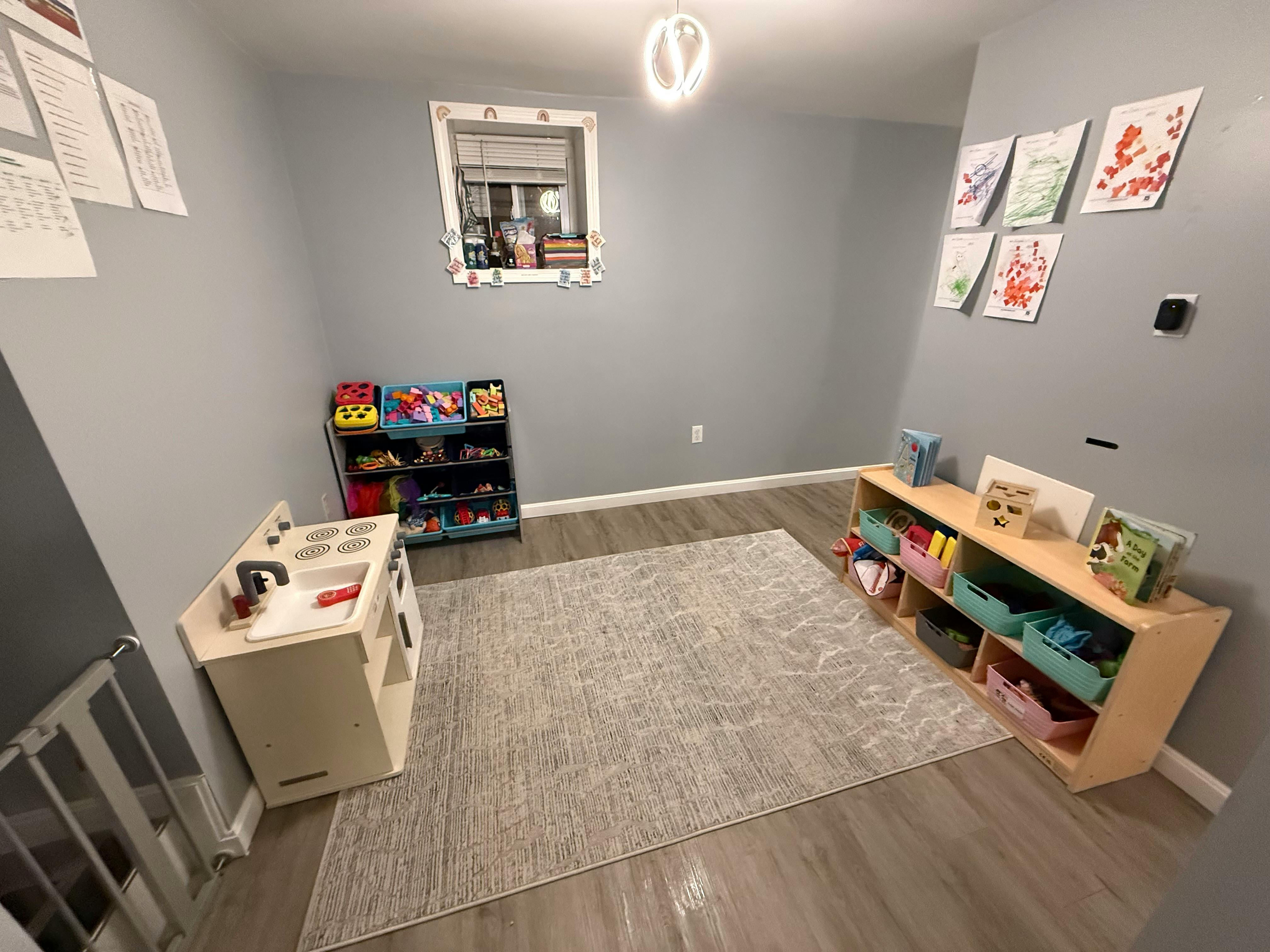 Playroom with toy kitchen, storage shelves, and rug