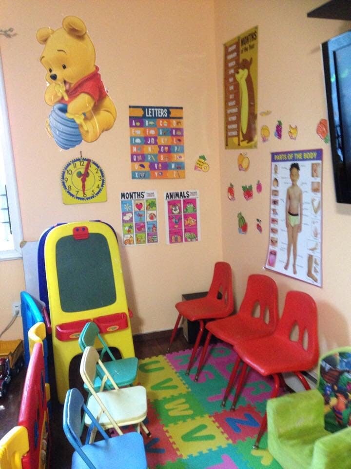 Classroom with colorful posters, small chairs, and an easel
