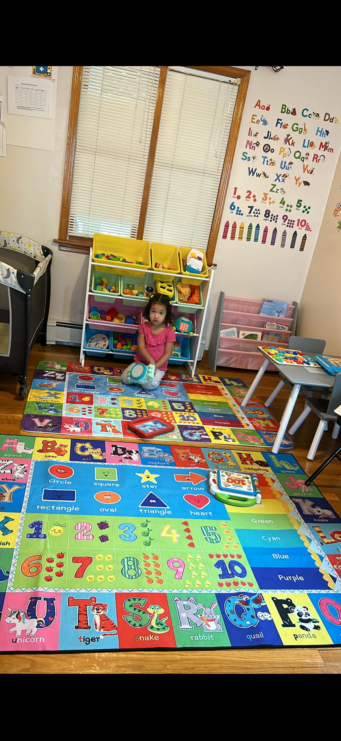 Child sitting on a colorful learning mat in a room with toys and educational posters