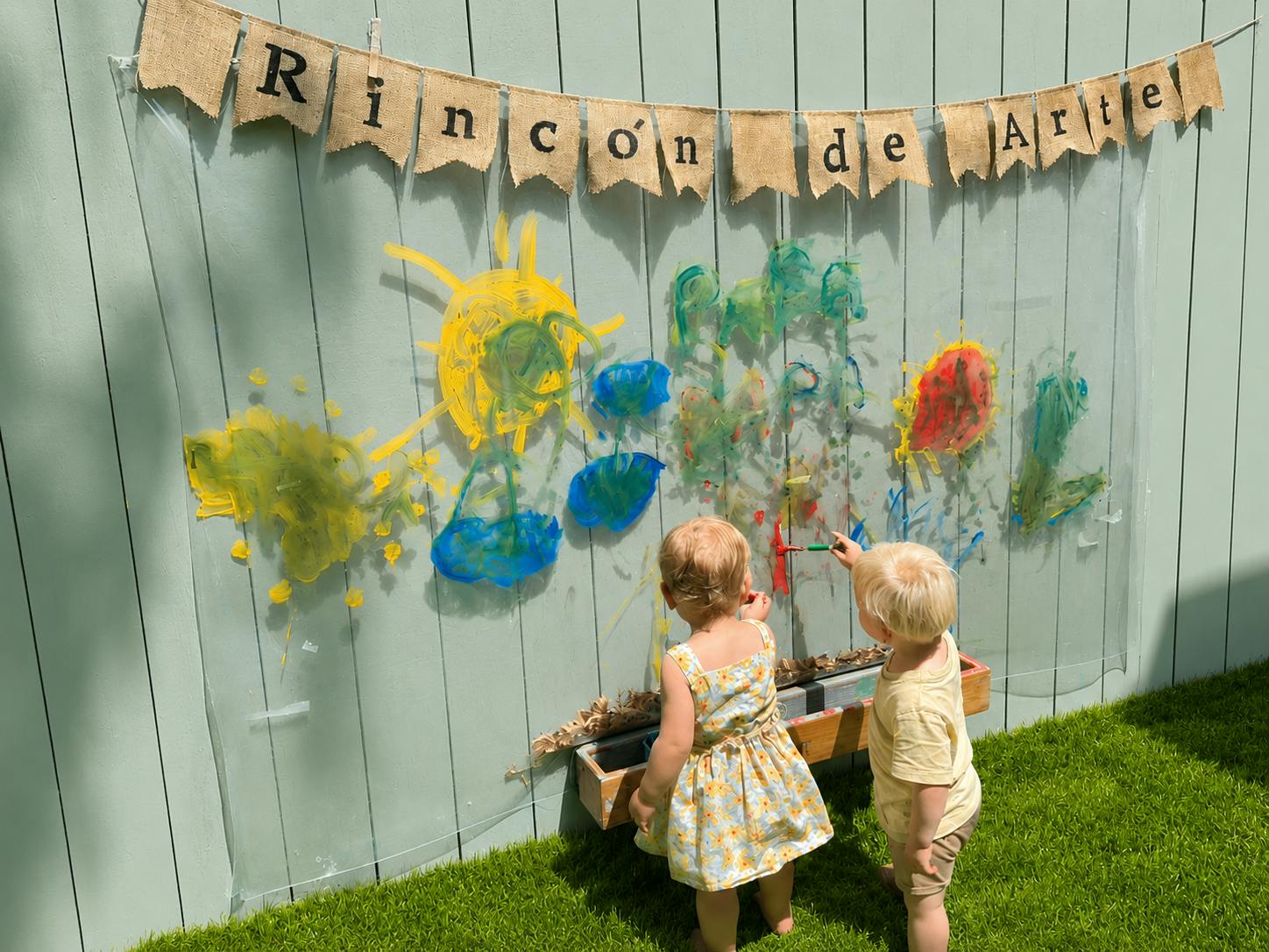 Two children painting on a clear wall panel labeled Rincon de Arte