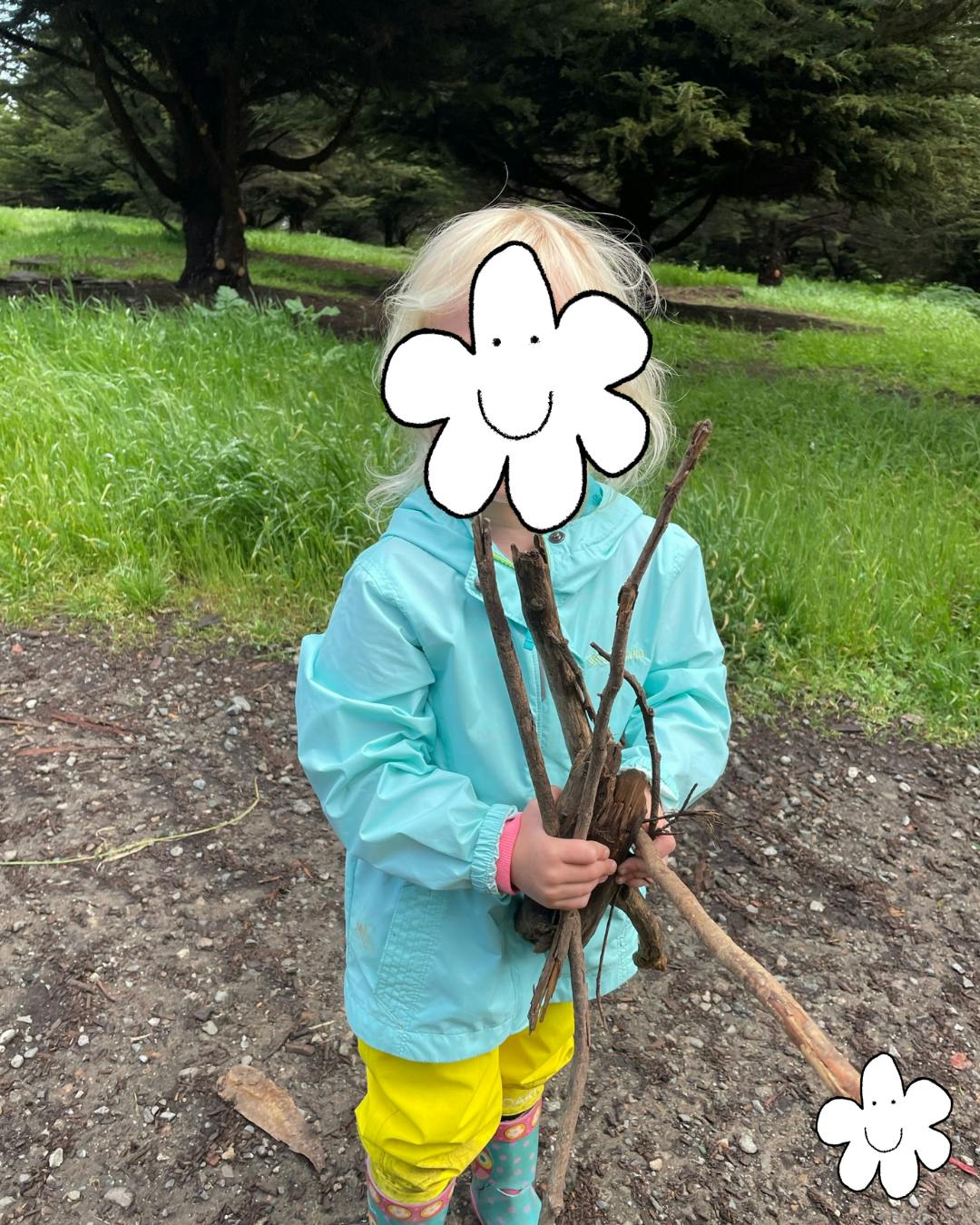 Child holding a bundle of sticks outdoors