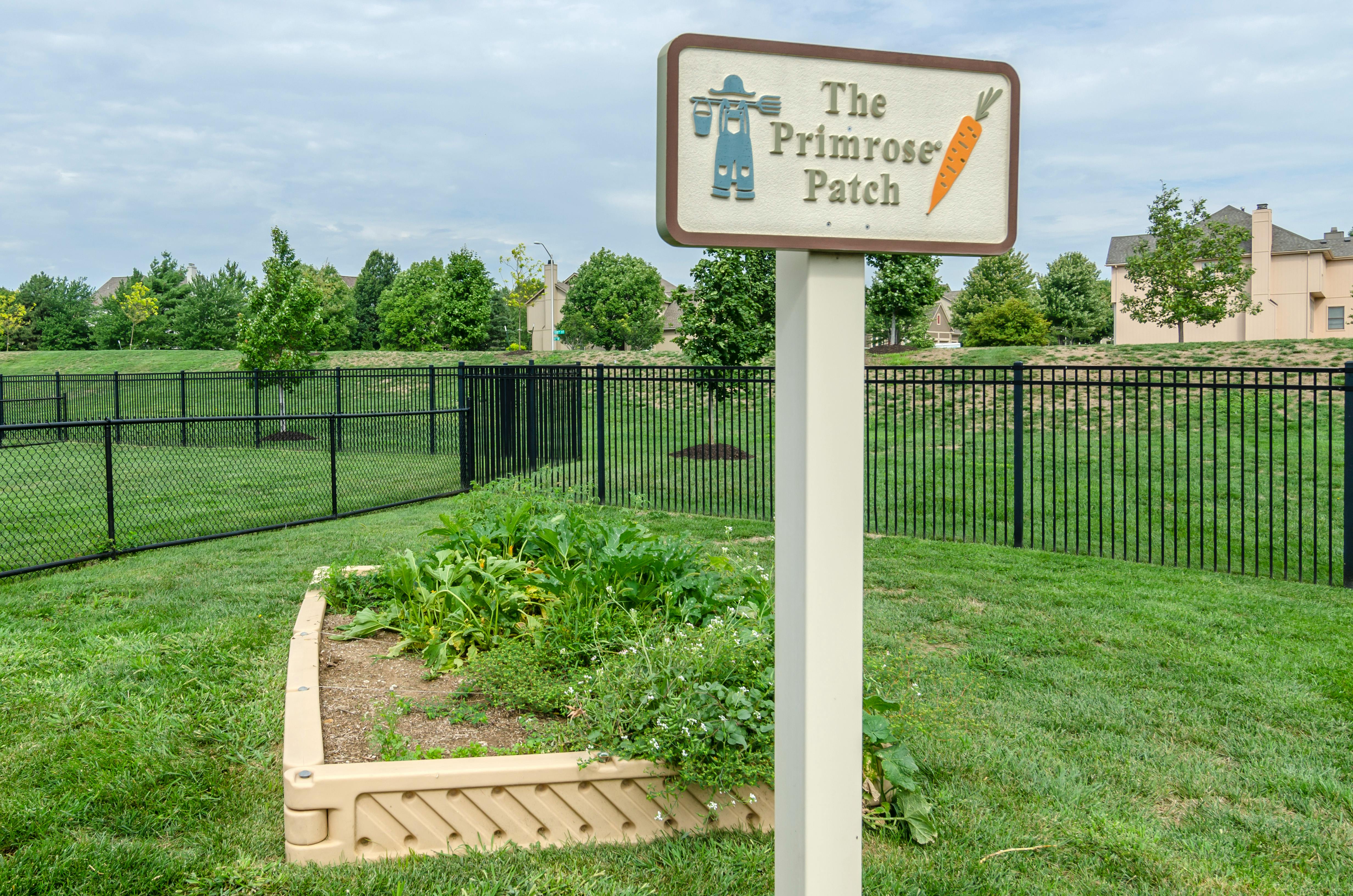The Primrose Patch sign with an illustration of overalls, bucket, pitchfork, and carrot