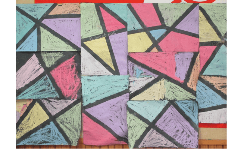 Colorful geometric abstract art on black paper with text "Abstract Art"