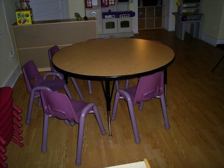 Round table with purple chairs in a classroom