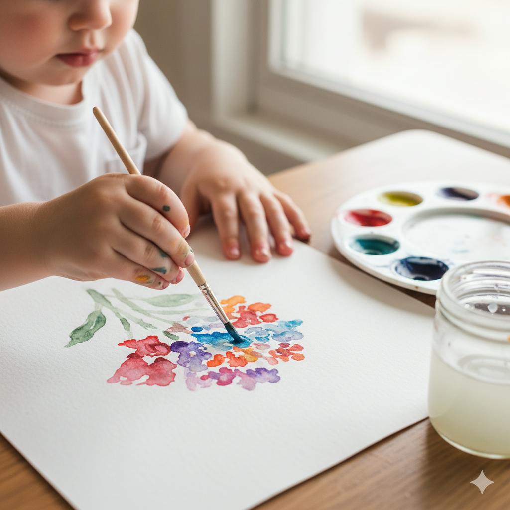 Child painting colorful watercolor flowers on paper